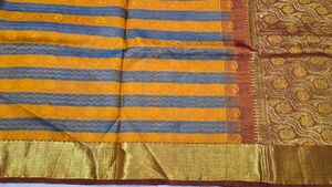 Elegant Yellow &amp; Grey Striped Saree