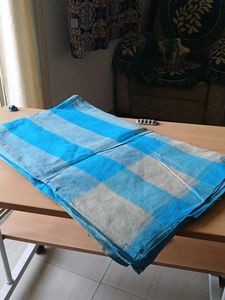 Blue &amp; White pure cotton checked saree without blo