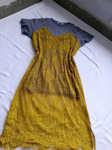 Yellow Lace Slip Dress with Grey Tee