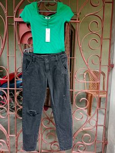 New Distressed Jeans With Green Ribbed Crop Top