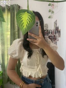 Cream Cropped Puff Sleeve Top