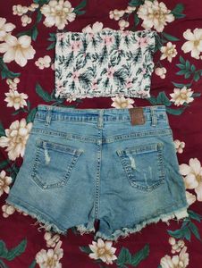 Floral Smocked Tube Top &amp; Distressed Denim Shorts