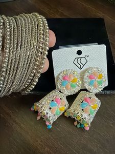 Multicolor Jhumka combo with silver bangles