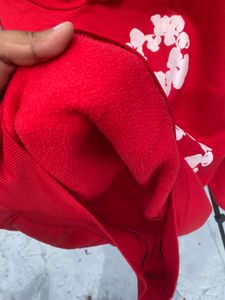 tear denim Red Hoodie with rubber puff