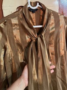 Shimmer Striped Tie-Neck Blouse