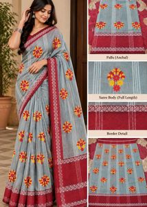 Elegant Grey & Red Embroidered Cotton Saree