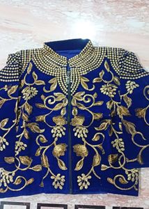 New Embroidered Blue Velvet Blouse