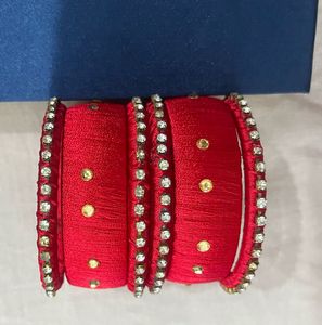 Red Silk Bangles with Rhinestones