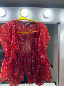 Red Floral Ruffle Top