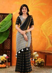 Elegant Black &amp; Grey Striped Saree