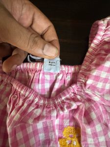 Pink Gingham Embroidered Puff Sleeve Top