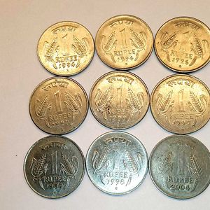 Set Of 9 Rare 1 Rupee Coins