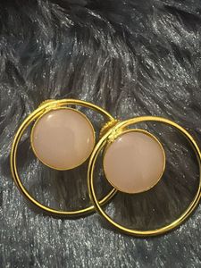 Gold Hoop Earrings with Pink Stone