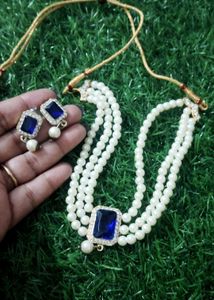 Elegant Pearl & Blue Stone Necklace Set