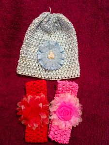 Baby Hat & Headband Set And Cute Pink Sandal