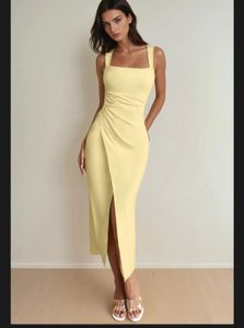 Yellow draped square neak bodycon Midi Dress