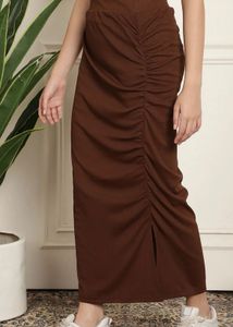 NEUDIS- Bodycon Brown Ribbed Ruched Midi Skirt