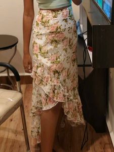 Floral Ruffle Hem Midi Skirt