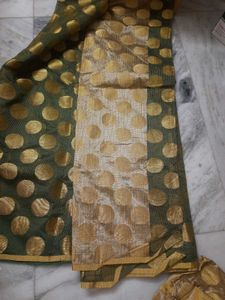 Olive Green Brocade Benarasi Saree With Blouse