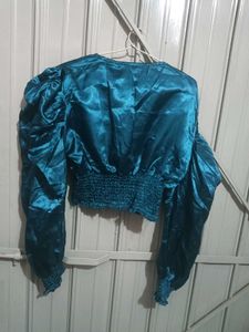 Teal Satin Puff Sleeve Top