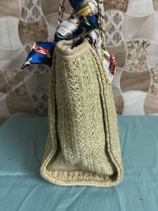 Chic Straw Tote Bag with Scarf Accent