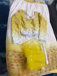 Yellow &amp; White Embroidered Lehenga Set