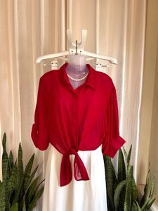 Chic Red Button-Up Tie-Front Blouse