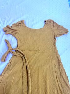 Mustard Midi Dress with Tie Waist