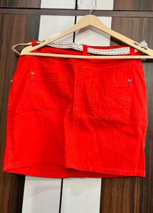 Vibrant Orange Denim Skirt with Belt
