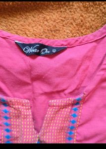 Pink Kurta with Blue Embroidery