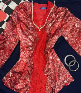 🍒Red Paisley Lace Trim Blouse