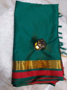 Green Saree And Red Deginer Blouse