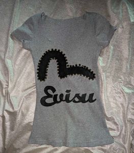 Evisu Grey Ribbed Studded Graphic T-Shirt