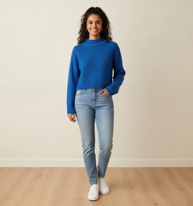 Blue Knit Mock Neck Crop Sweater