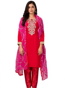 Embellished Red Kurta Set with Pink Dupatta