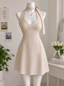 Checkered Halter Neck Midi Dress