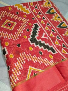 Vibrant Red Geometric Print Saree