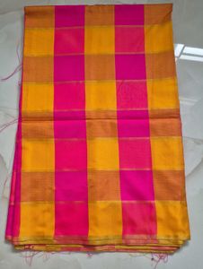 Vibrant Pink &amp; Yellow Checked Silk Saree