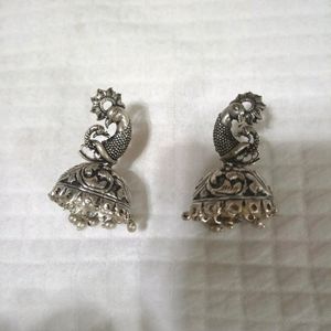 Oxidised Silver Peacock Jhumka Earrings
