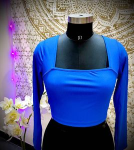 Blue Square Neck Long Sleeve Crop Top