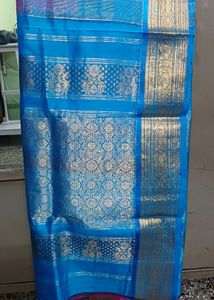 Pink Silk Saree- Blue Border with Blouse piece