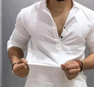 Men's White Textured Band Collar Shirt