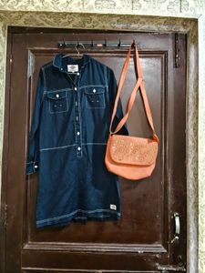 Dickies Denim Dress with Orange Bag