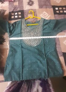 Teal Kurta with Intricate Neck Embroidery and mela