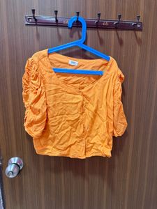 Orange Puff Sleeve Button-Up Top