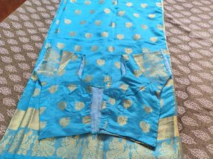Beautiful Blue Silk Saree with stiched blouse