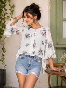White Floral Print Bell Sleeve Top