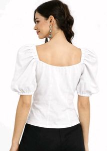 Elegant White Puff Sleeve Sweetheart Neck Top