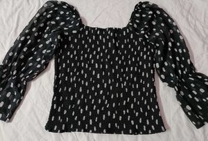 Stylish Black Smocked Polka Dot Top
