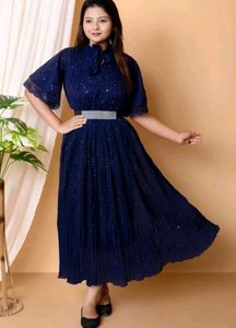 Elegant Navy Pleated Midi Dress